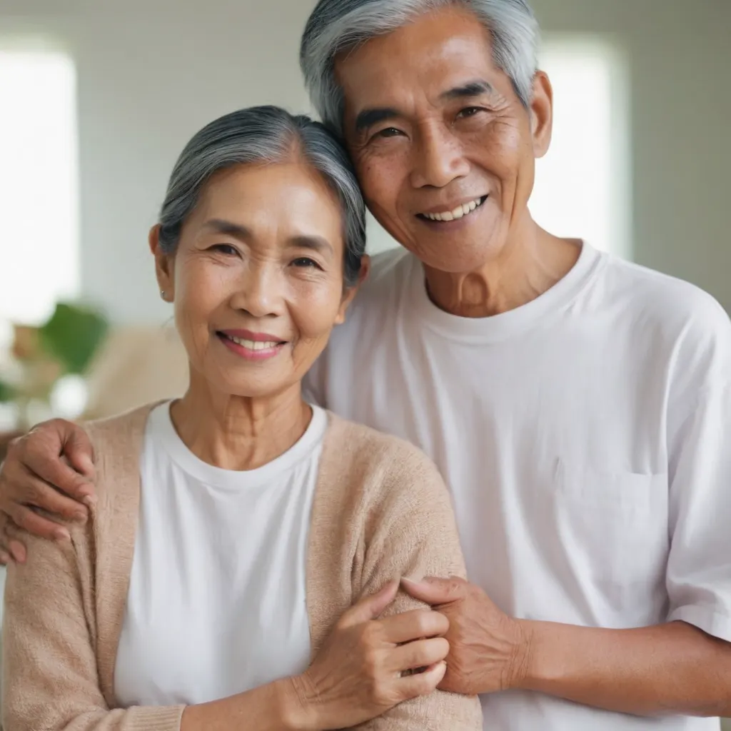 คู่รักผู้สูงอายุชาวไทยที่มีสุขภาพดีและมีความสุข ยิ้มแย้มและโอบกอดกัน มองตรงไปที่กล้อง